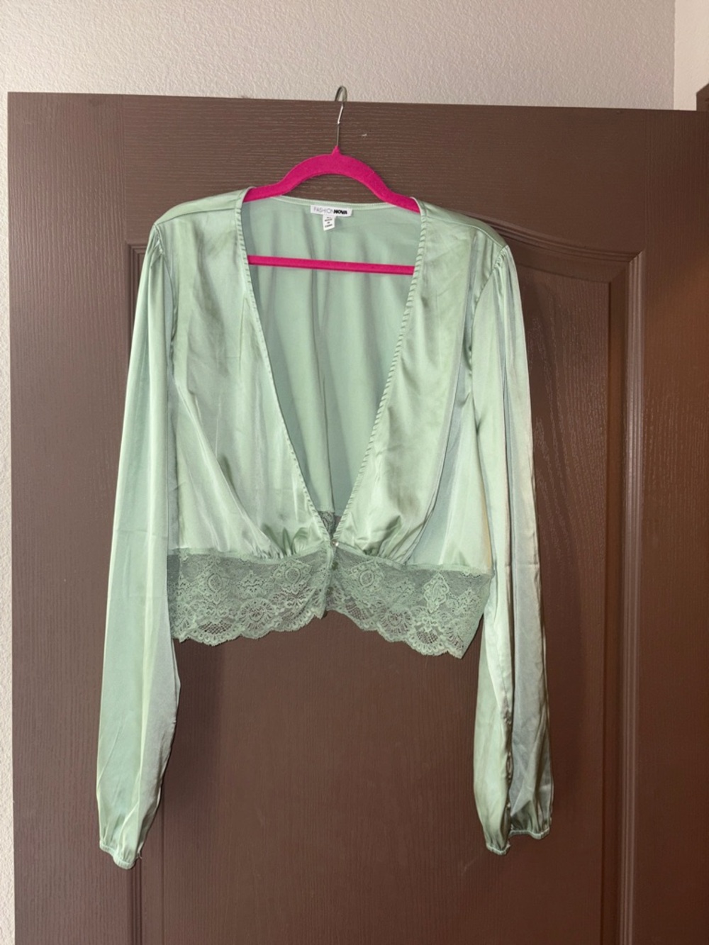 Fashion Nova Light Sage Satin Lace-Trim Wrap Blouse